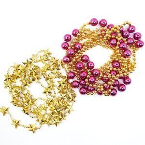 Holiday Plastic Gold Star and Hot Pink and Gold Colored Beaded Garland Set